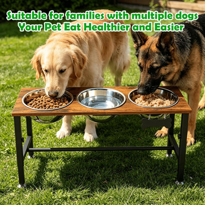Elevated Dog Bowls with Slow Feeder & Mat for Medium and Large Dogs, 12" Tall Adjustable Wooden & Metal Raised Dog Bowl Stand, 2 Stainless Steel 58oz Bowls for Food & Water