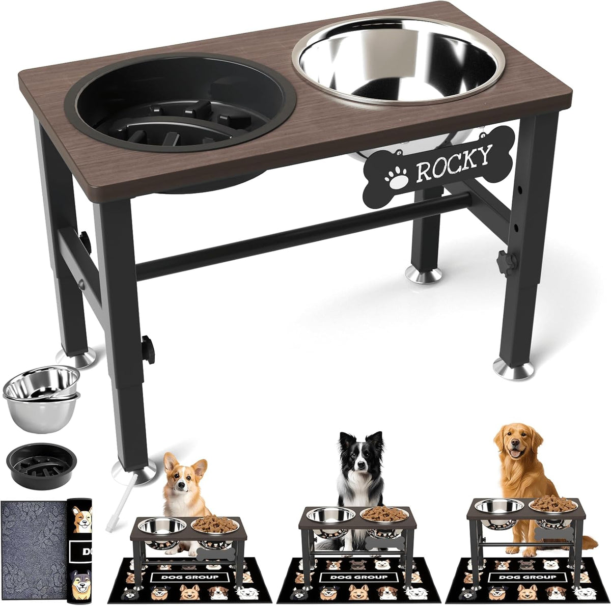 Elevated Dog Bowls with Slow Feeder & Mat for Medium and Large Dogs, 12" Tall Adjustable Wooden & Metal Raised Dog Bowl Stand, 2 Stainless Steel 58oz Bowls for Food & Water