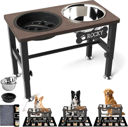 Elevated Dog Bowls with Slow Feeder & Mat for Medium and Large Dogs, 12" Tall Adjustable Wooden & Metal Raised Dog Bowl Stand, 2 Stainless Steel 58oz Bowls for Food & Water