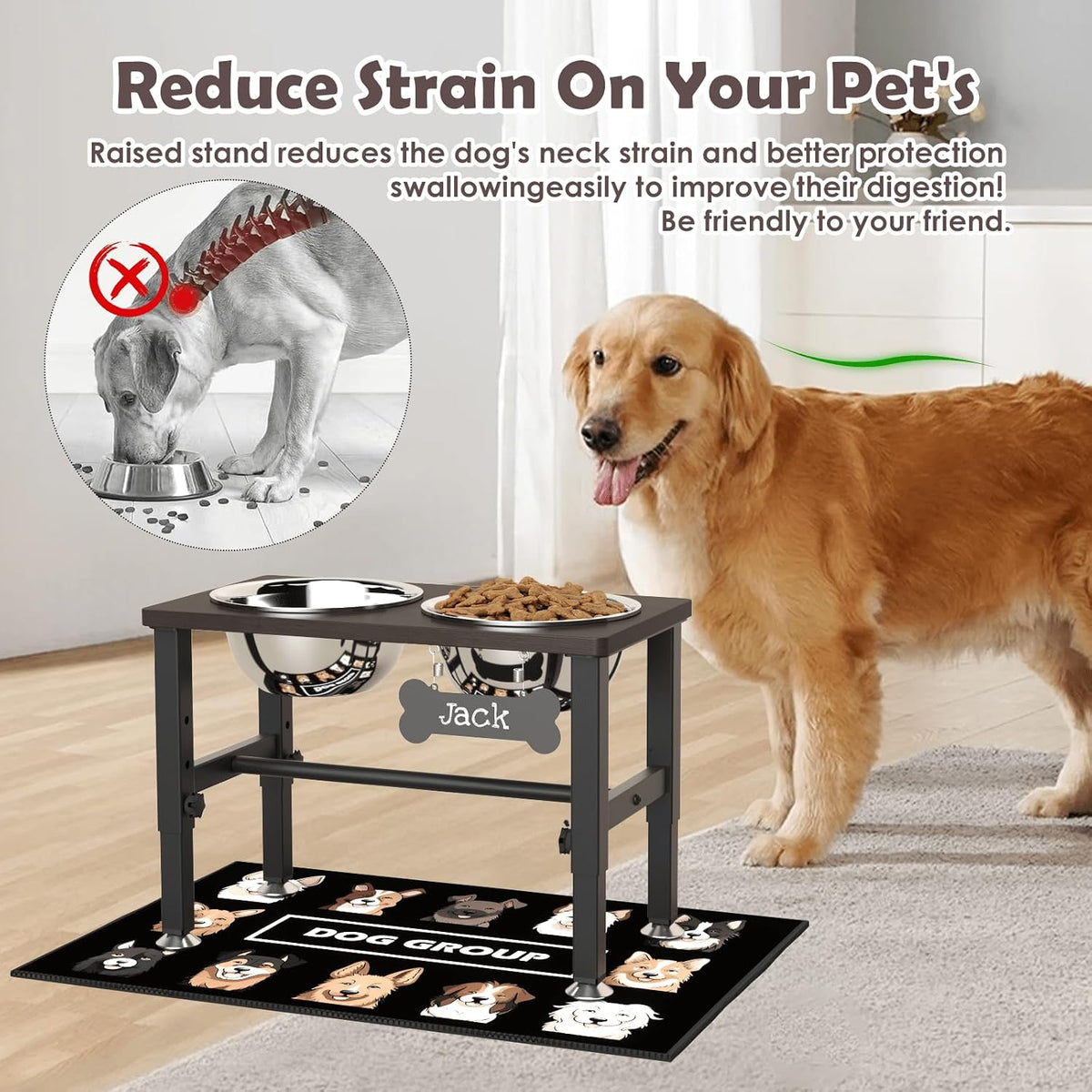 Elevated Dog Bowls with Slow Feeder & Mat for Medium and Large Dogs, 12" Tall Adjustable Wooden & Metal Raised Dog Bowl Stand, 2 Stainless Steel 58oz Bowls for Food & Water