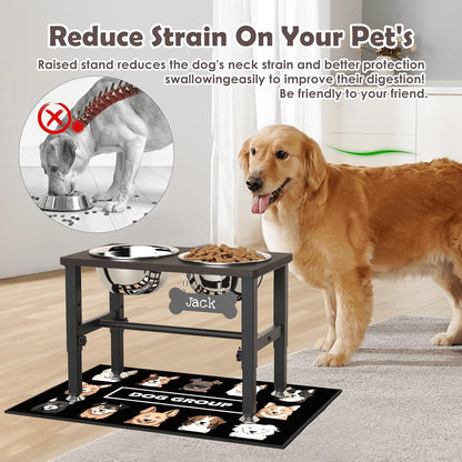 Elevated Dog Bowls with Slow Feeder & Mat for Medium and Large Dogs, 12" Tall Adjustable Wooden & Metal Raised Dog Bowl Stand, 2 Stainless Steel 58oz Bowls for Food & Water