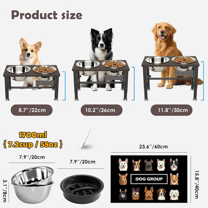 Elevated Dog Bowls with Slow Feeder & Mat for Medium and Large Dogs, 12" Tall Adjustable Wooden & Metal Raised Dog Bowl Stand, 2 Stainless Steel 58oz Bowls for Food & Water
