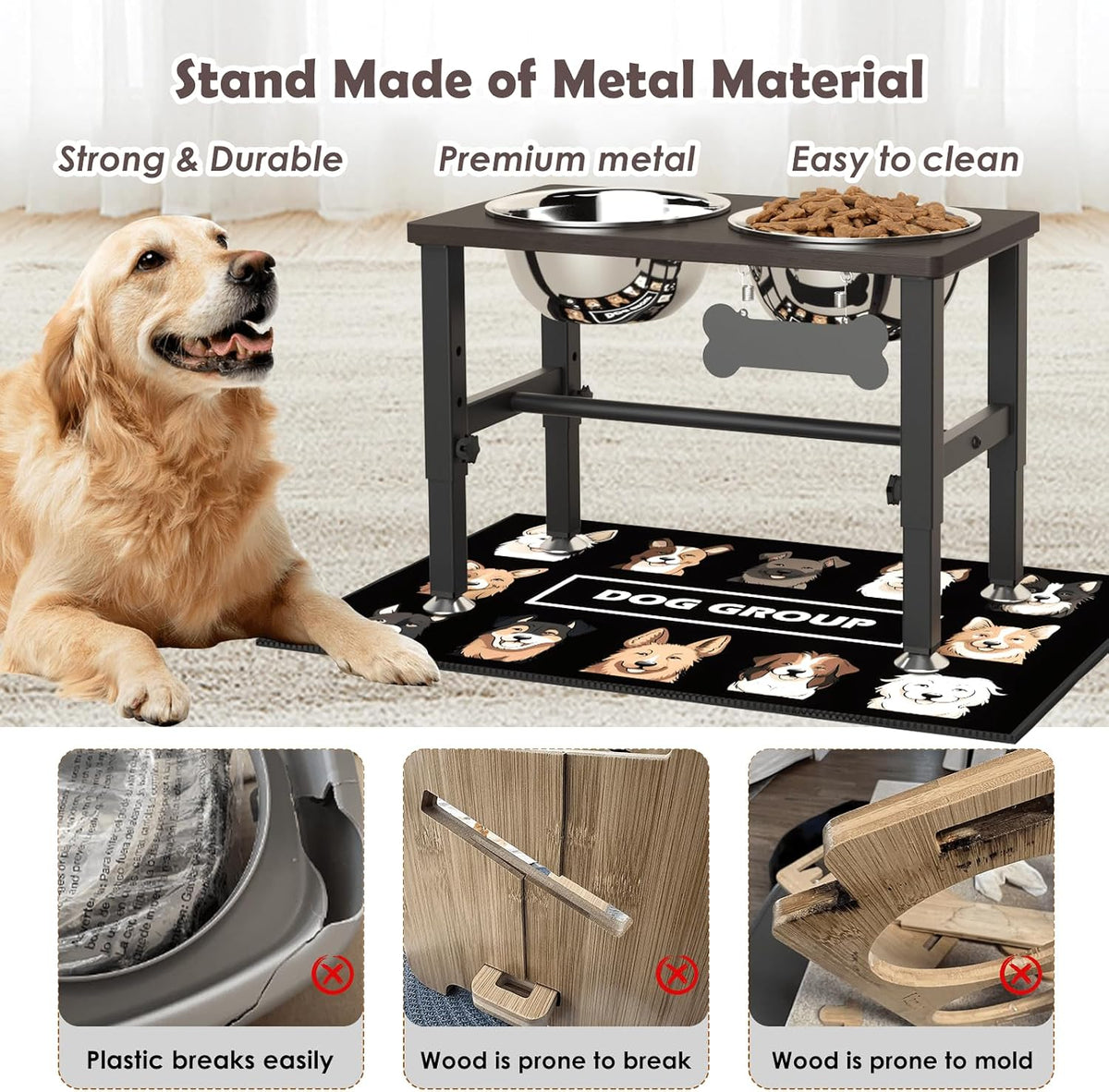 Elevated Dog Bowls with Slow Feeder & Mat for Medium and Large Dogs, 12" Tall Adjustable Wooden & Metal Raised Dog Bowl Stand, 2 Stainless Steel 58oz Bowls for Food & Water