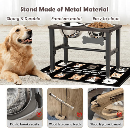 Elevated Dog Bowls with Slow Feeder & Mat for Medium and Large Dogs, 12" Tall Adjustable Wooden & Metal Raised Dog Bowl Stand, 2 Stainless Steel 58oz Bowls for Food & Water