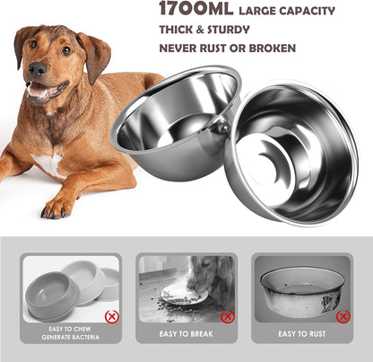 Elevated Dog Bowls with Slow Feeder & Mat for Medium and Large Dogs, 12" Tall Adjustable Wooden & Metal Raised Dog Bowl Stand, 2 Stainless Steel 58oz Bowls for Food & Water