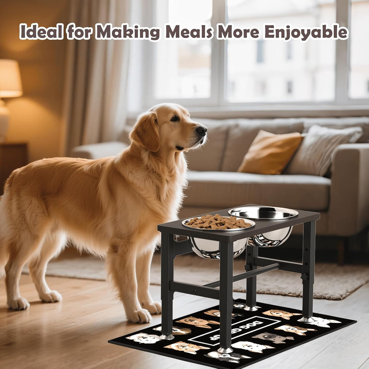 Elevated Dog Bowls with Slow Feeder & Mat for Medium and Large Dogs, 12" Tall Adjustable Wooden & Metal Raised Dog Bowl Stand, 2 Stainless Steel 58oz Bowls for Food & Water