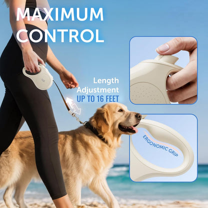 Quest Retractable Dog Leash | 360° Tangle-Free | 16 ft Tape (S, Cream)