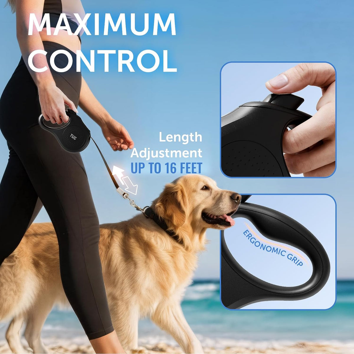 Quest Retractable Dog Leash | 360° Tangle-Free | 16 ft Tape (S, Cream)