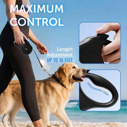Quest Retractable Dog Leash | 360° Tangle-Free | 16 ft Tape (S, Cream)