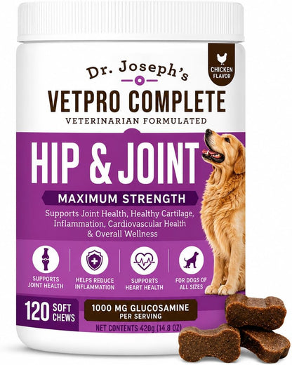 Dog Hip & Joint Wellness Supplement – High-Strength Glucosamine, MSM, Omega & Chondroitin Chews and Breeds – Vet Formulated Chicken Dog Treat