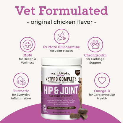 Dog Hip & Joint Wellness Supplement – High-Strength Glucosamine, MSM, Omega & Chondroitin Chews and Breeds – Vet Formulated Chicken Dog Treat