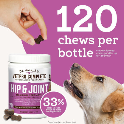Dog Hip & Joint Wellness Supplement – High-Strength Glucosamine, MSM, Omega & Chondroitin Chews and Breeds – Vet Formulated Chicken Dog Treat