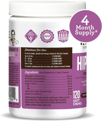 Dog Hip & Joint Wellness Supplement – High-Strength Glucosamine, MSM, Omega & Chondroitin Chews and Breeds – Vet Formulated Chicken Dog Treat