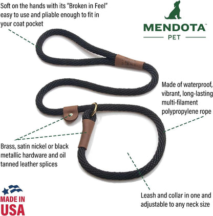 Slip Leash - Dog Lead and Collar Combo - Made in The USA - for Small/Medium Breeds - Black, 3/8 in x 6 ft