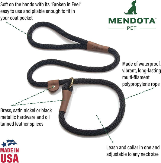 Slip Leash - Dog Lead and Collar Combo - Made in The USA - for Small/Medium Breeds - Black, 3/8 in x 6 ft