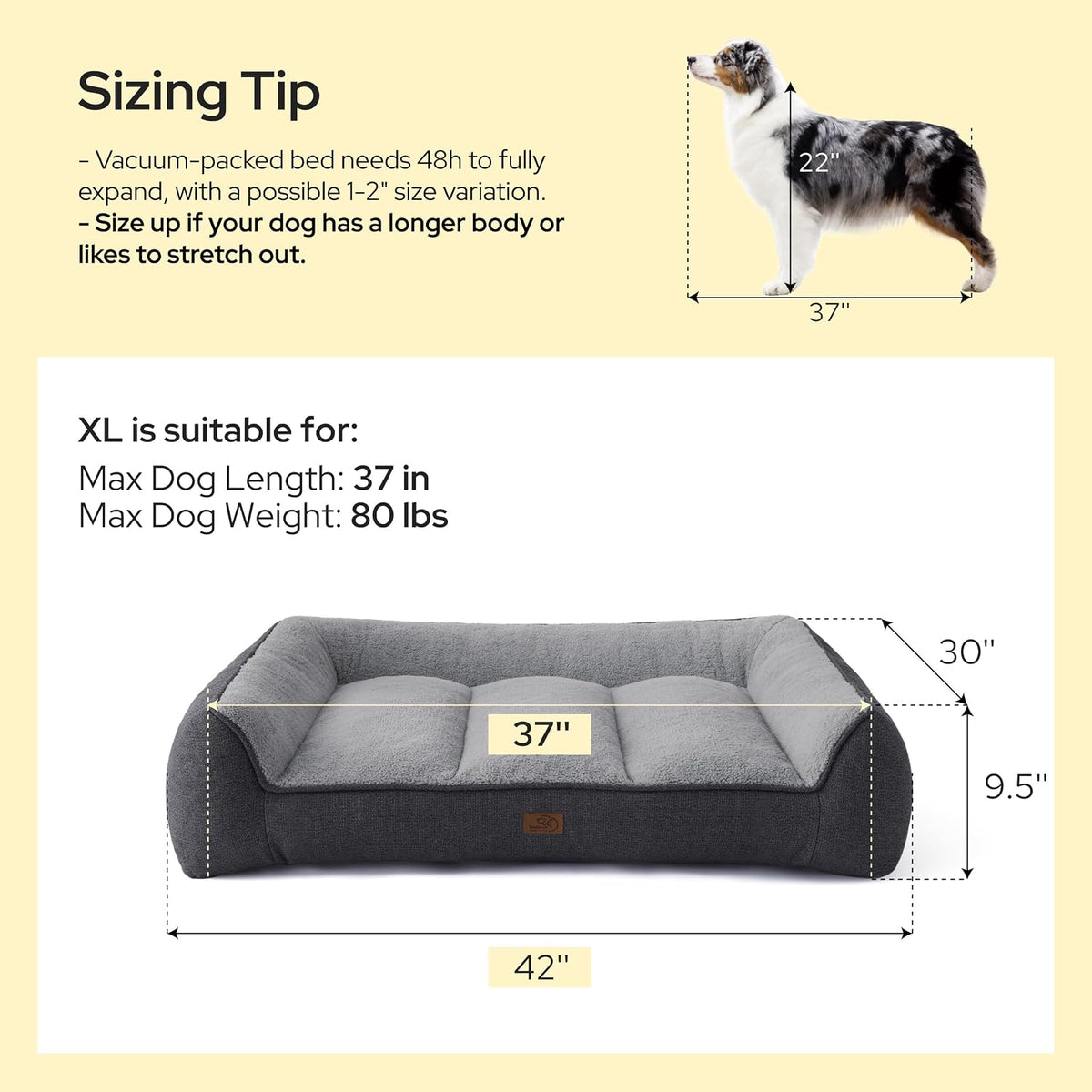 SupportMax™ Extra Thick Orthopedic XL Dog Beds Large Sized Dog | 42" Premium Supportive Couch for Senior Dogs, Water-resistant Removable Washable Cover, Big Comfy Pet Sofa with Sherpa, Grey