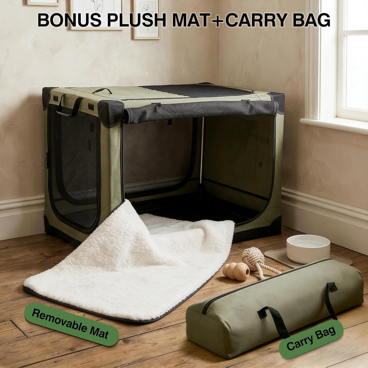 30 x 21 x 21 in 4-Door Collapsible Soft-Sided Mesh Dog Crate, Green