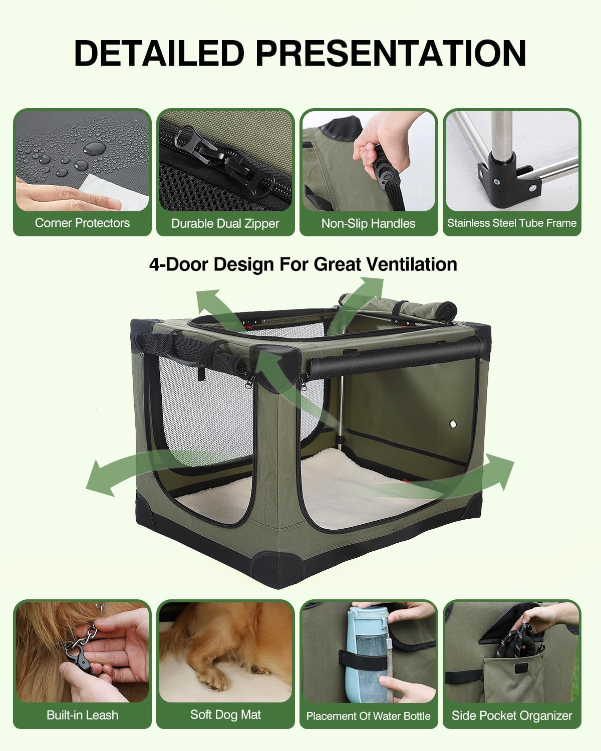 30 x 21 x 21 in 4-Door Collapsible Soft-Sided Mesh Dog Crate, Green