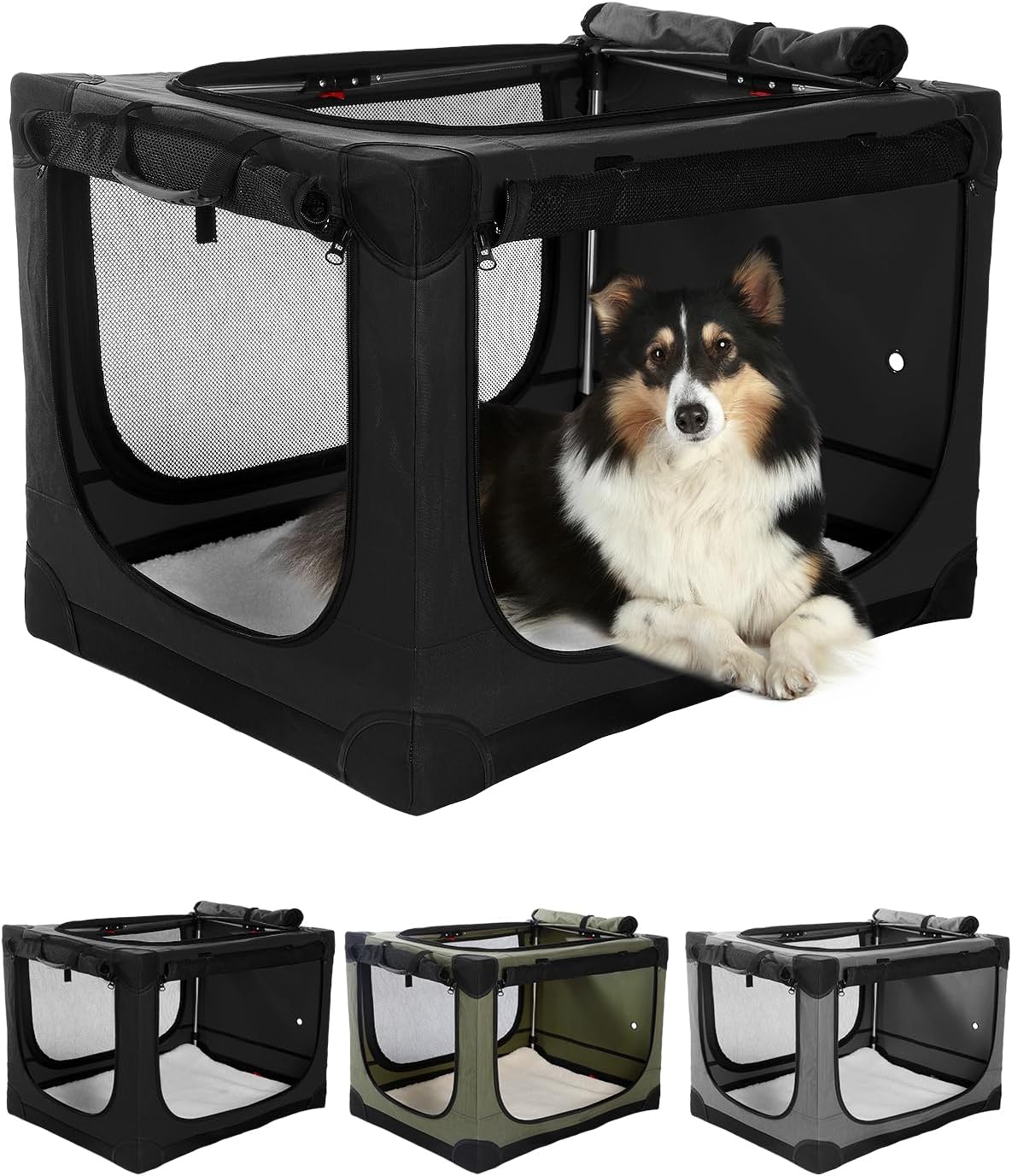 30 x 21 x 21 in 4-Door Collapsible Soft-Sided Mesh Dog Crate, Green