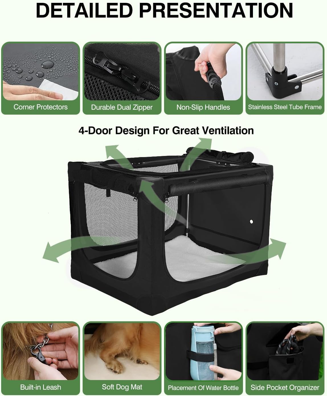 30 x 21 x 21 in 4-Door Collapsible Soft-Sided Mesh Dog Crate, Green