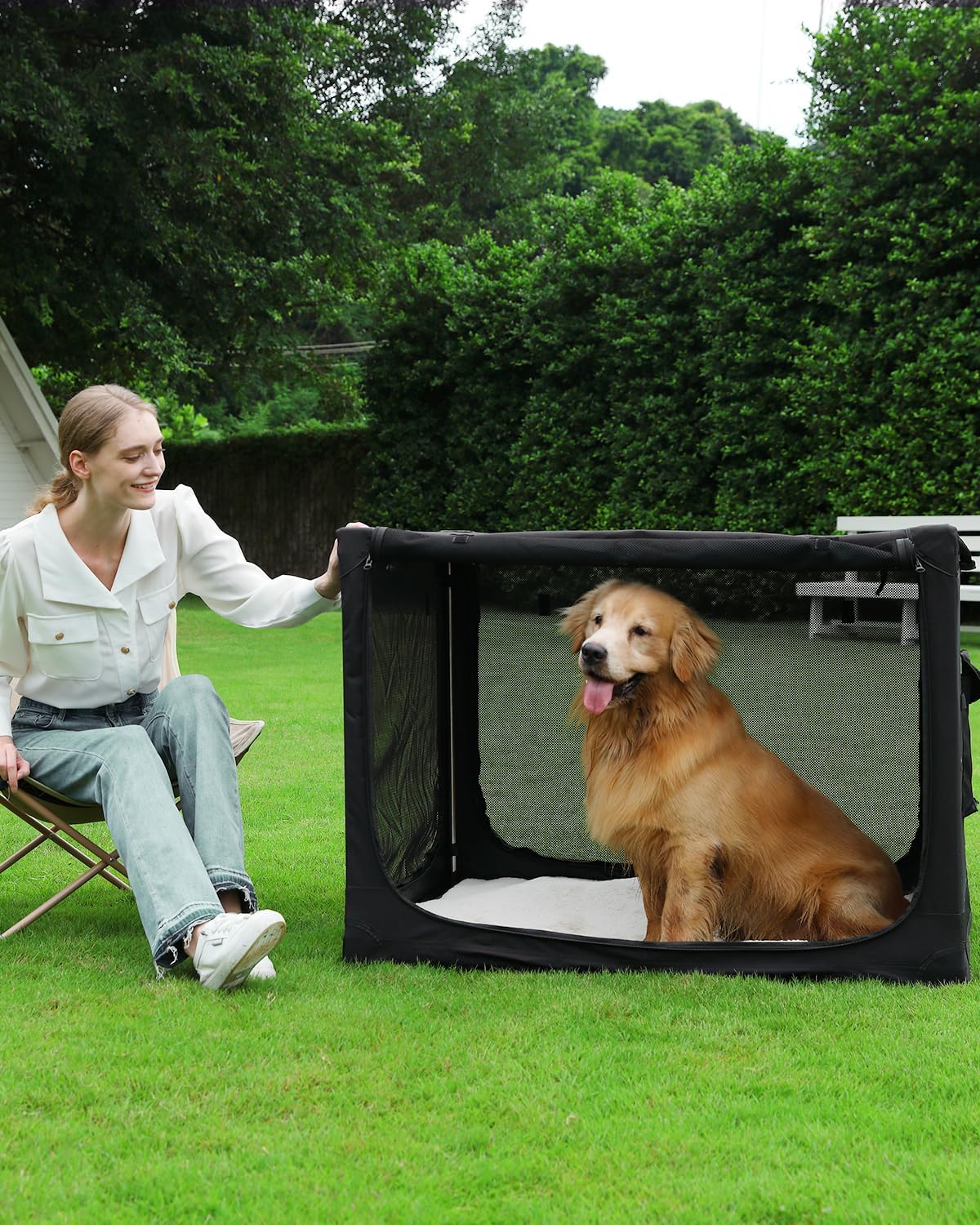 30 x 21 x 21 in 4-Door Collapsible Soft-Sided Mesh Dog Crate, Green
