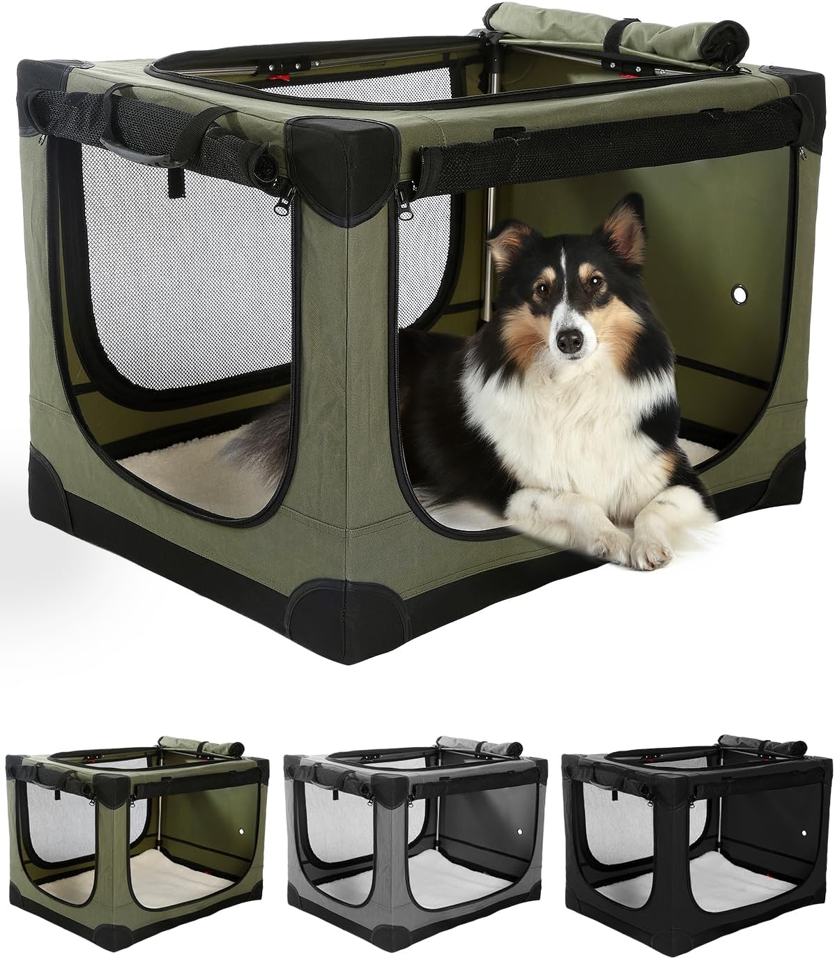 30 x 21 x 21 in 4-Door Collapsible Soft-Sided Mesh Dog Crate, Green