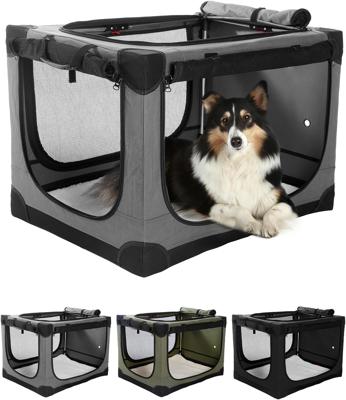 30 x 21 x 21 in 4-Door Collapsible Soft-Sided Mesh Dog Crate, Green