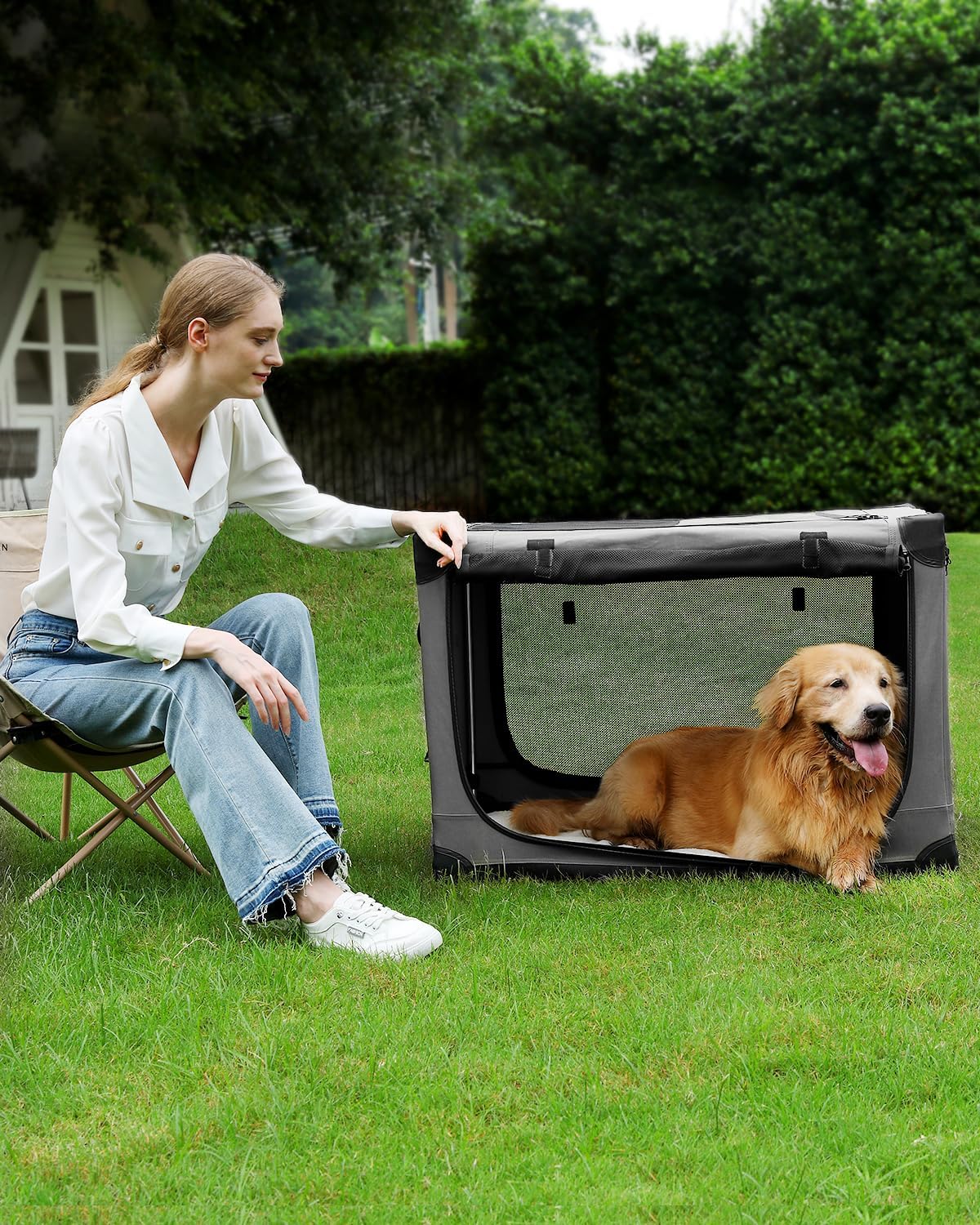 30 x 21 x 21 in 4-Door Collapsible Soft-Sided Mesh Dog Crate, Green
