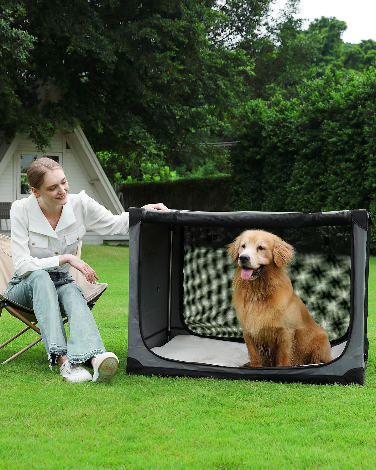 30 x 21 x 21 in 4-Door Collapsible Soft-Sided Mesh Dog Crate, Green