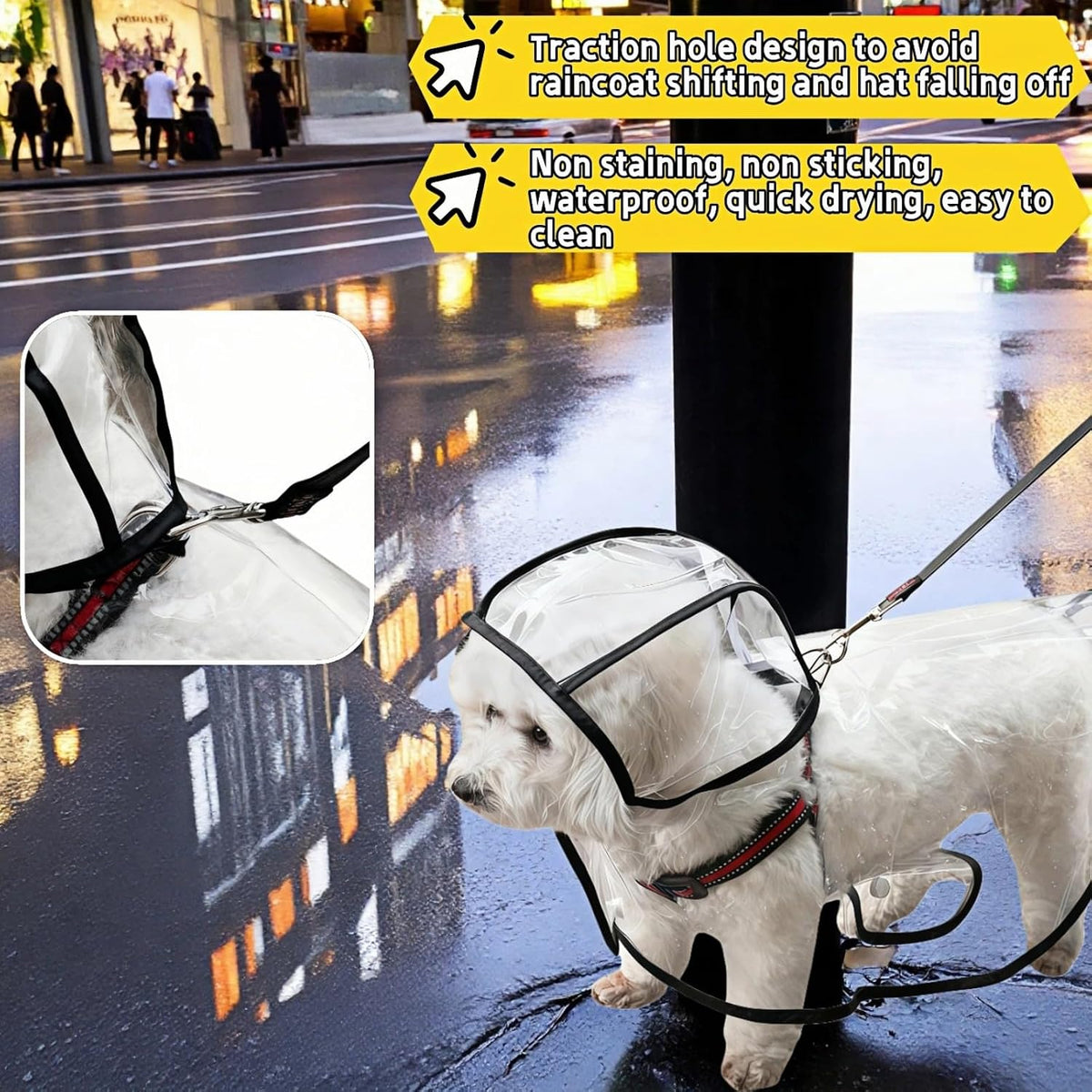 Transparent Dog Rain Poncho for Small Medium Dogs - Thick Waterproof Raincoat with Hidden Leash Hole & Adjustable Snaps, Windproof Hooded Cape for Bichon Poodle (Large)
