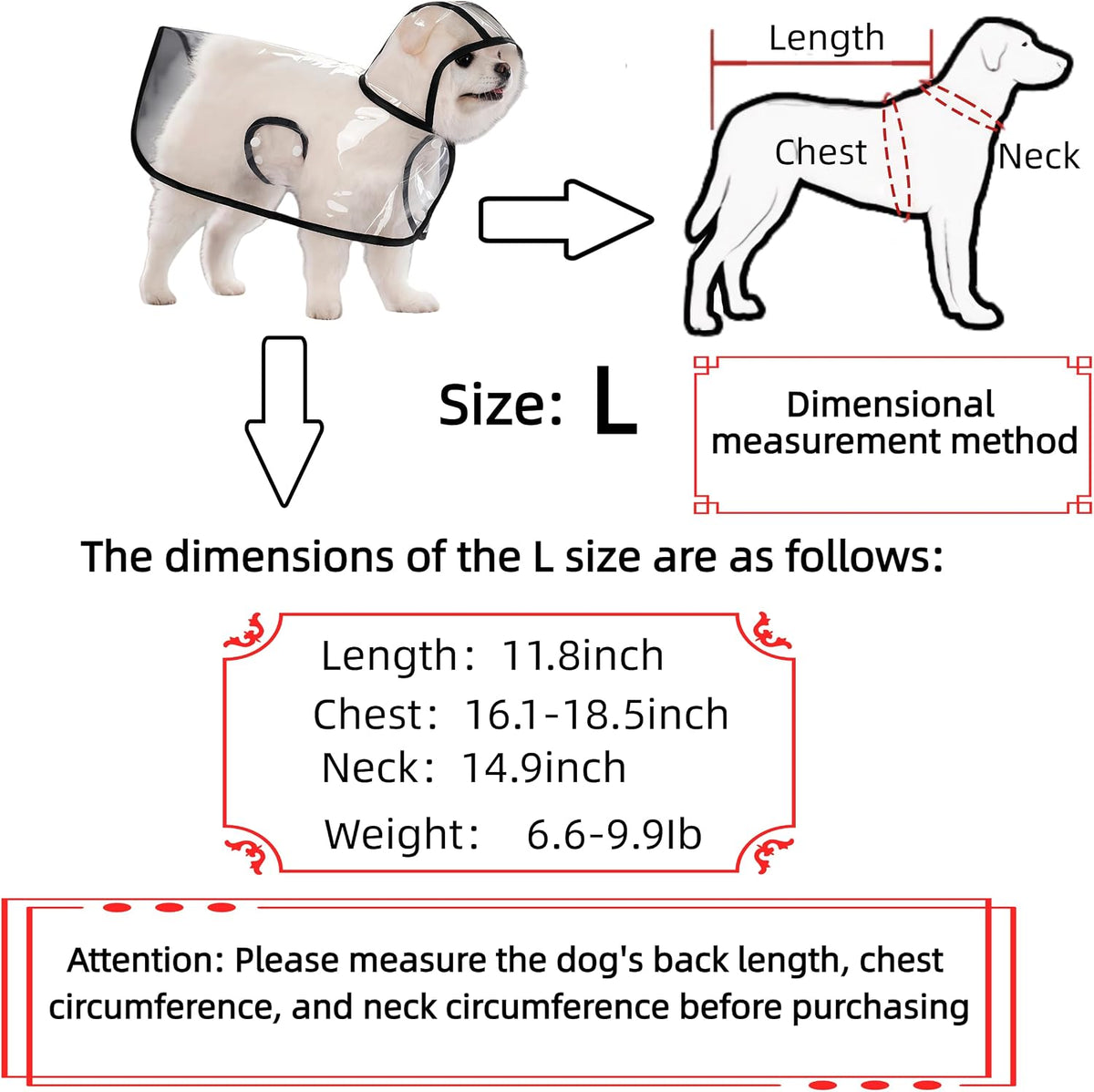Transparent Dog Rain Poncho for Small Medium Dogs - Thick Waterproof Raincoat with Hidden Leash Hole & Adjustable Snaps, Windproof Hooded Cape for Bichon Poodle (Large)