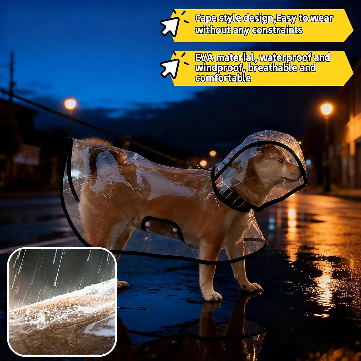 Transparent Dog Rain Poncho for Small Medium Dogs - Thick Waterproof Raincoat with Hidden Leash Hole & Adjustable Snaps, Windproof Hooded Cape for Bichon Poodle (Large)