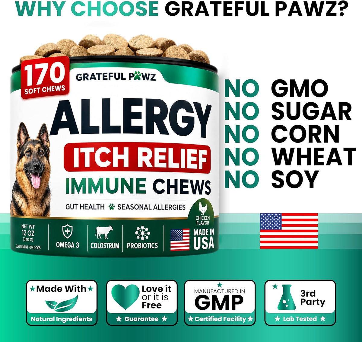 Dog Allergy Chews - Dog Allergy Relief - 170 Treats for Itchy Skin Relief