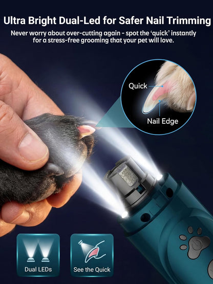 Super Quiet Dog Nail Grinder & Clippers Kit with 2 LED Lights, 3 Speeds Up to 12,000 RPM, Lower Than 30dB Electric Pet Nail Trimmer for Small Medium Large Dogs and Cats