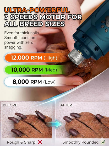 Super Quiet Dog Nail Grinder & Clippers Kit with 2 LED Lights, 3 Speeds Up to 12,000 RPM, Lower Than 30dB Electric Pet Nail Trimmer for Small Medium Large Dogs and Cats