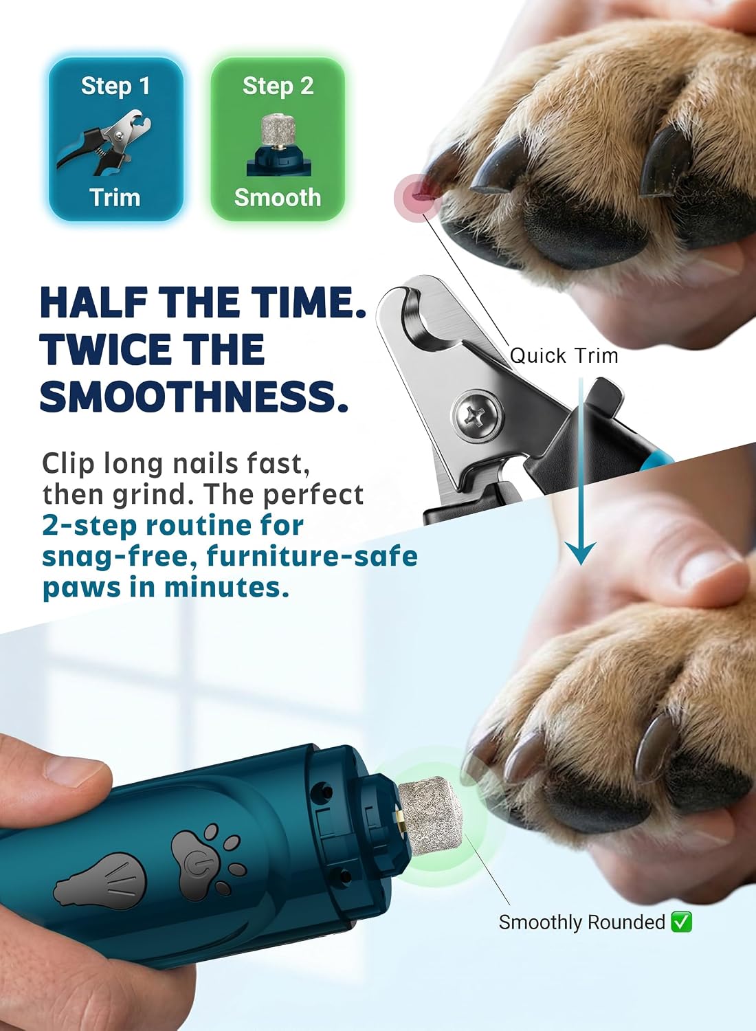 Super Quiet Dog Nail Grinder & Clippers Kit with 2 LED Lights, 3 Speeds Up to 12,000 RPM, Lower Than 30dB Electric Pet Nail Trimmer for Small Medium Large Dogs and Cats