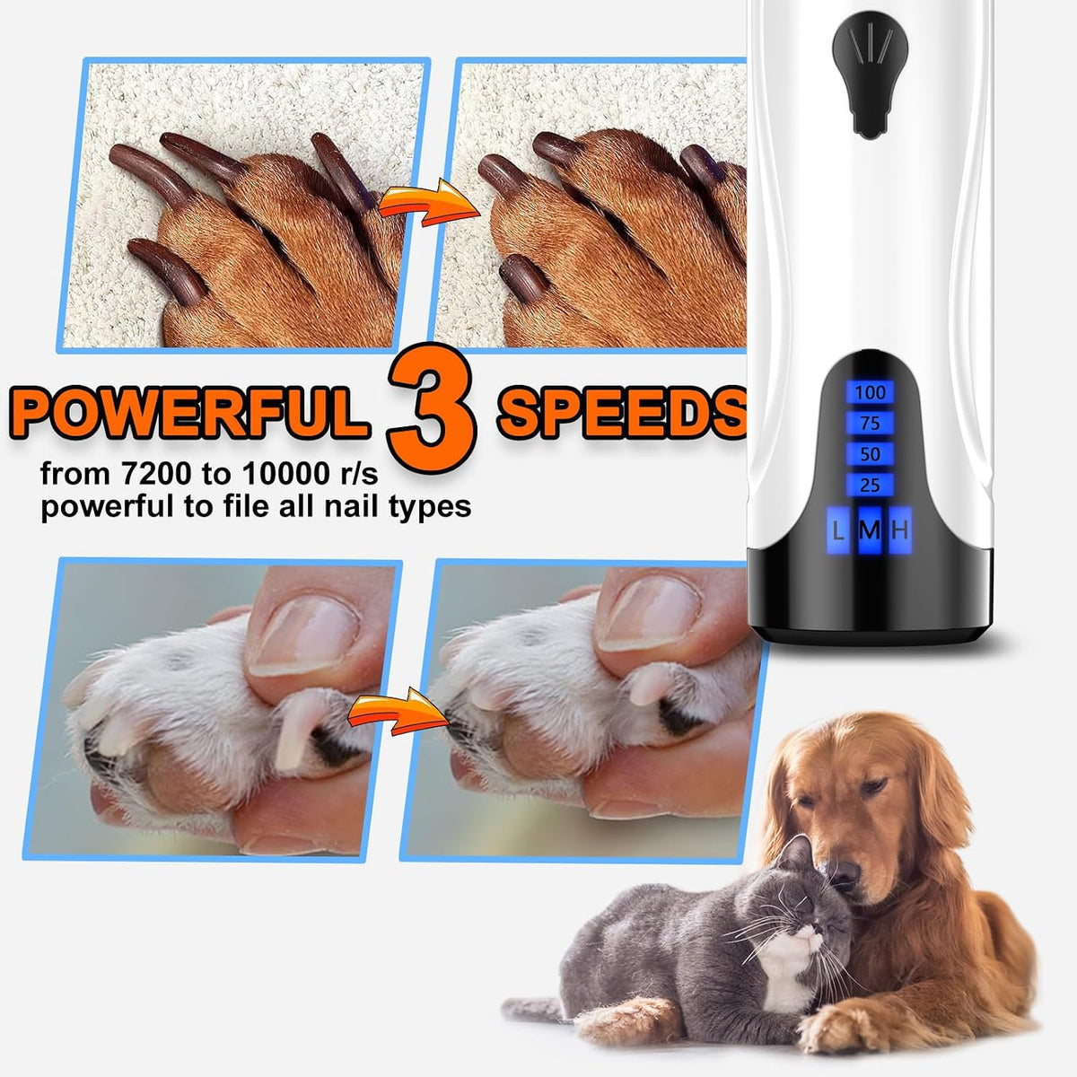 Super Quiet Dog Nail Grinder & Clippers Kit with 2 LED Lights, 3 Speeds Up to 12,000 RPM, Lower Than 30dB Electric Pet Nail Trimmer for Small Medium Large Dogs and Cats