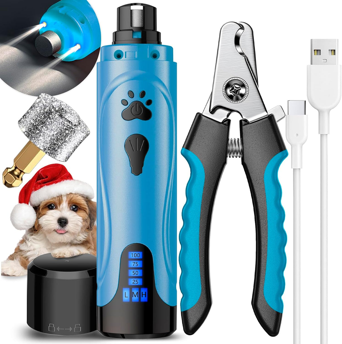 Super Quiet Dog Nail Grinder & Clippers Kit with 2 LED Lights, 3 Speeds Up to 12,000 RPM, Lower Than 30dB Electric Pet Nail Trimmer for Small Medium Large Dogs and Cats