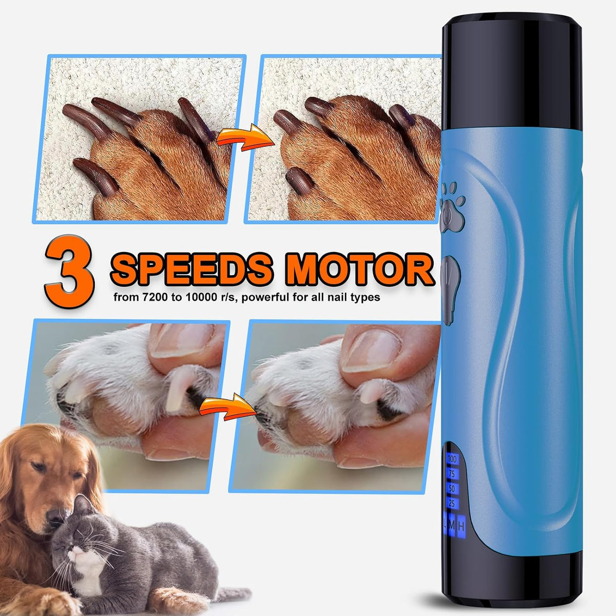 Super Quiet Dog Nail Grinder & Clippers Kit with 2 LED Lights, 3 Speeds Up to 12,000 RPM, Lower Than 30dB Electric Pet Nail Trimmer for Small Medium Large Dogs and Cats