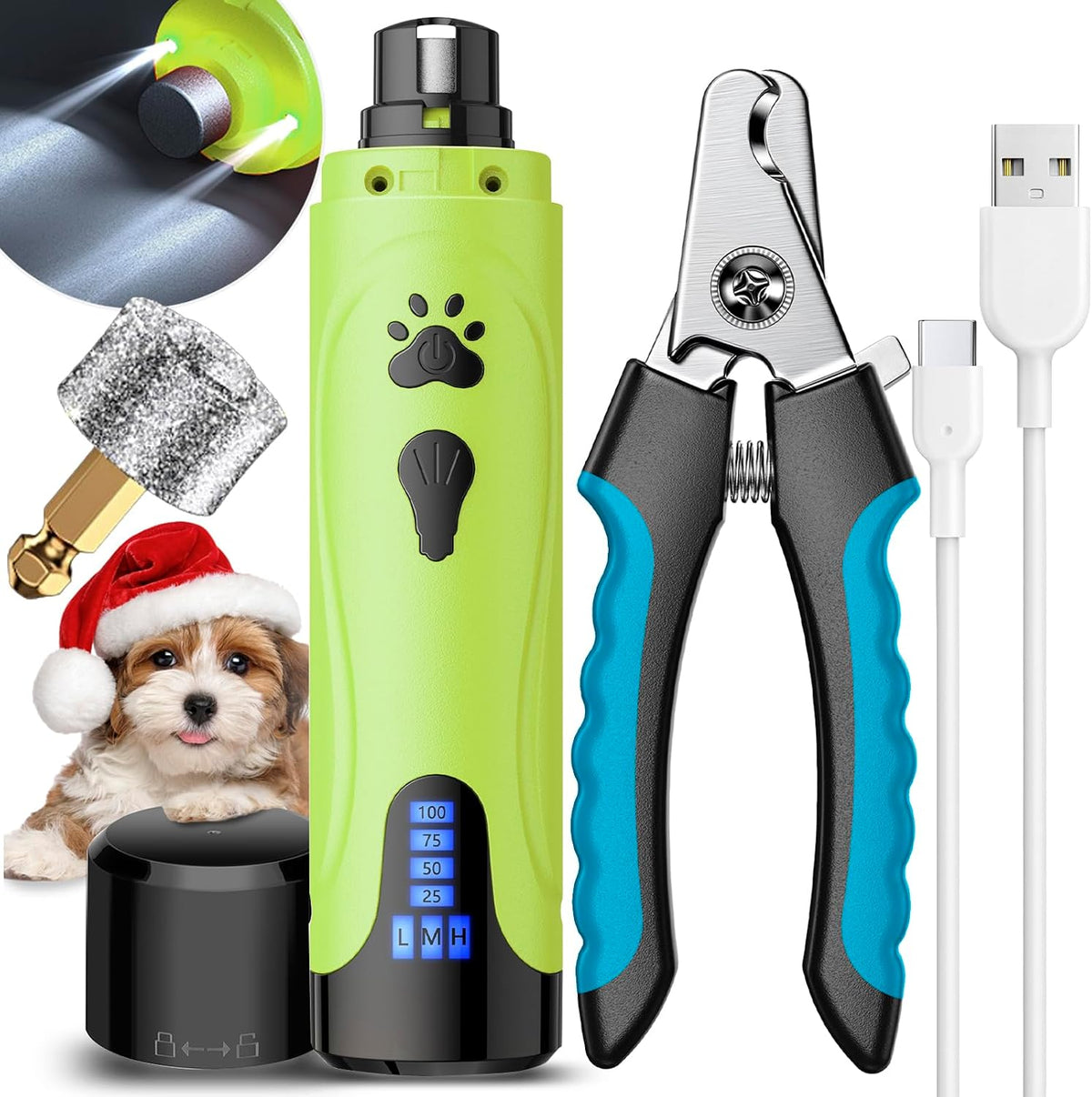 Super Quiet Dog Nail Grinder & Clippers Kit with 2 LED Lights, 3 Speeds Up to 12,000 RPM, Lower Than 30dB Electric Pet Nail Trimmer for Small Medium Large Dogs and Cats