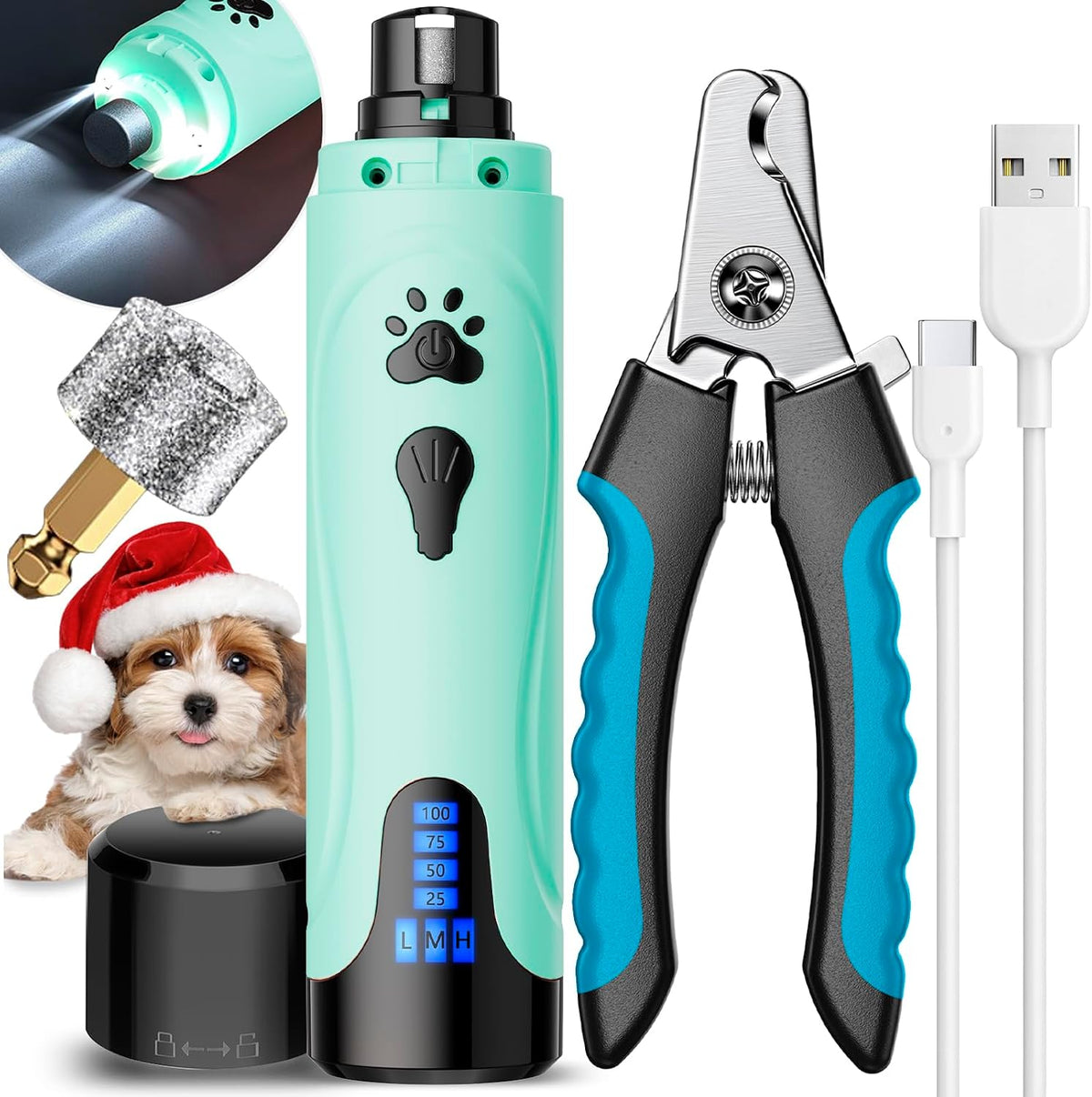 Super Quiet Dog Nail Grinder & Clippers Kit with 2 LED Lights, 3 Speeds Up to 12,000 RPM, Lower Than 30dB Electric Pet Nail Trimmer for Small Medium Large Dogs and Cats