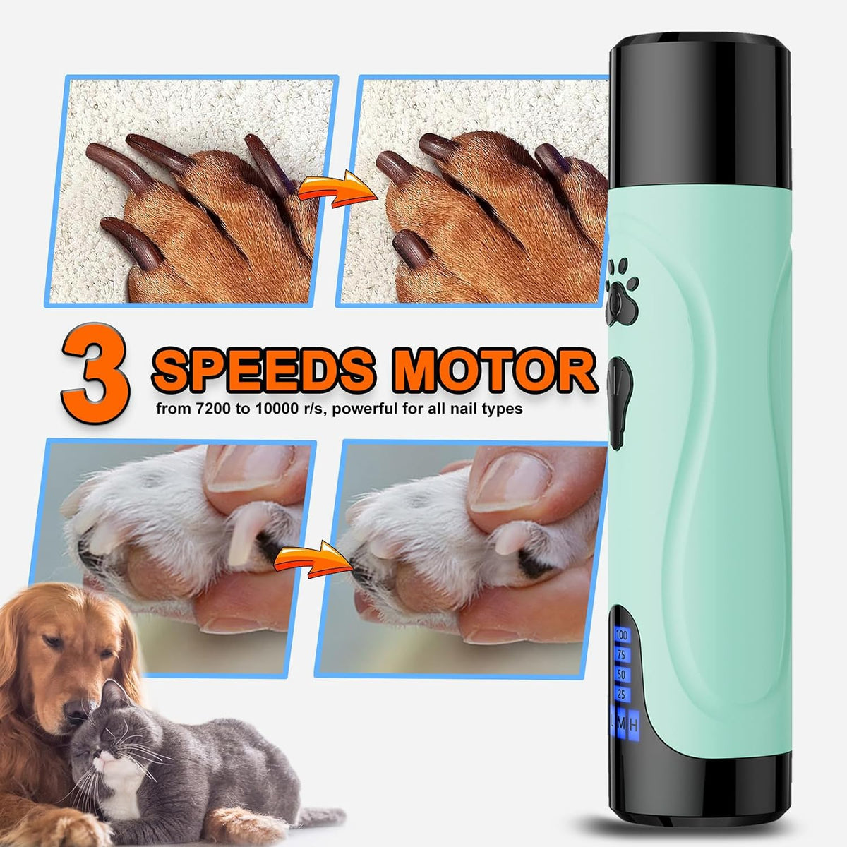 Super Quiet Dog Nail Grinder & Clippers Kit with 2 LED Lights, 3 Speeds Up to 12,000 RPM, Lower Than 30dB Electric Pet Nail Trimmer for Small Medium Large Dogs and Cats
