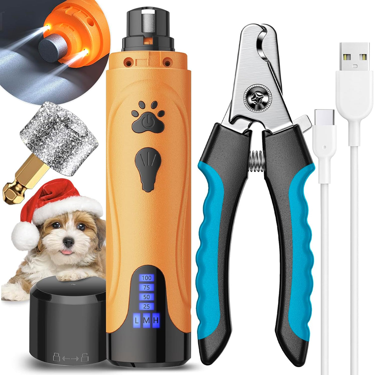 Super Quiet Dog Nail Grinder & Clippers Kit with 2 LED Lights, 3 Speeds Up to 12,000 RPM, Lower Than 30dB Electric Pet Nail Trimmer for Small Medium Large Dogs and Cats