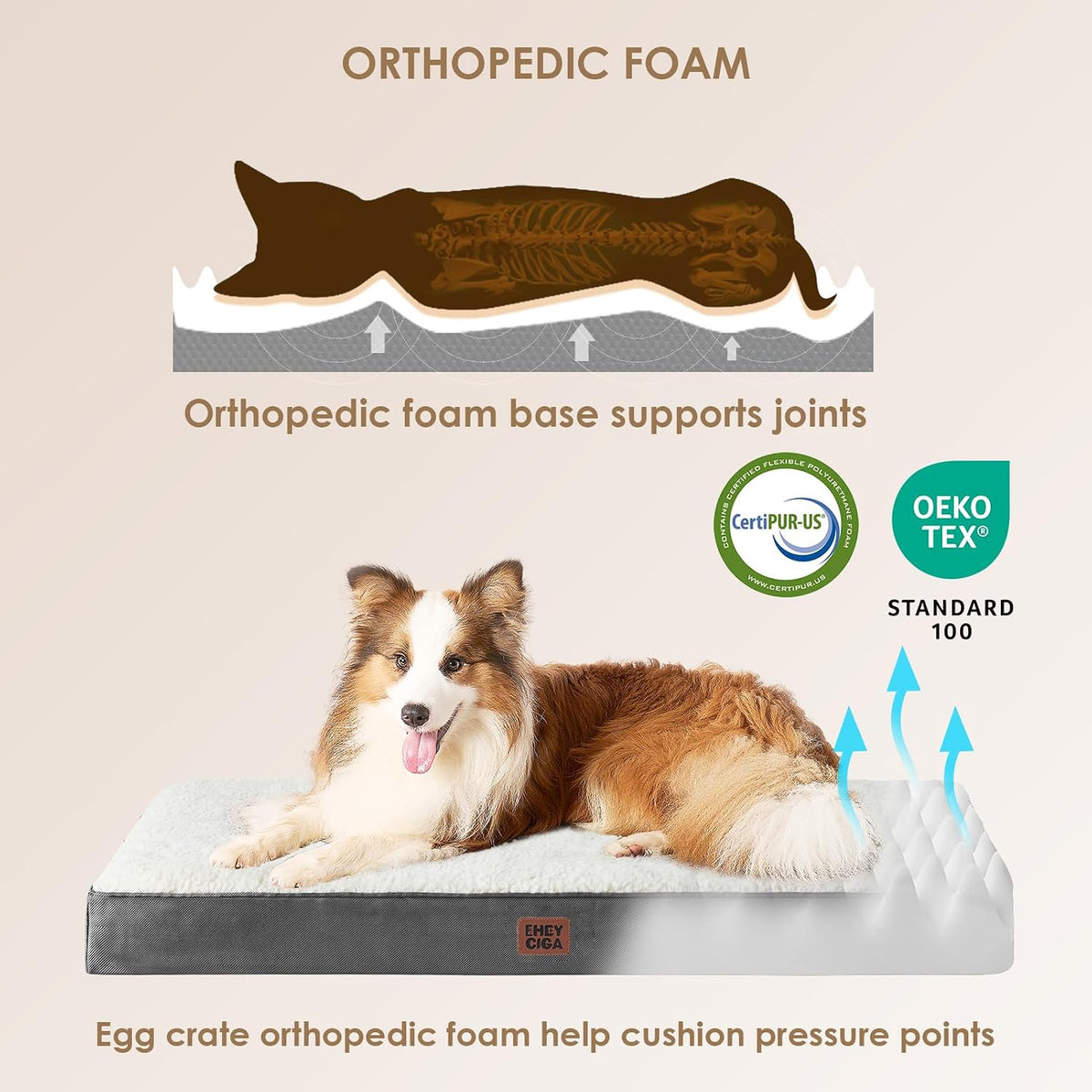 Orthopedic Dog Bed Large with Removable Washable Cover, 41IN Grey | Egg Crate Foam Support, Durable Oxford fabric, Non-Slip Bottom, Machine Washable, Soft Waterproof Plush Pet Bed Mat For Crate