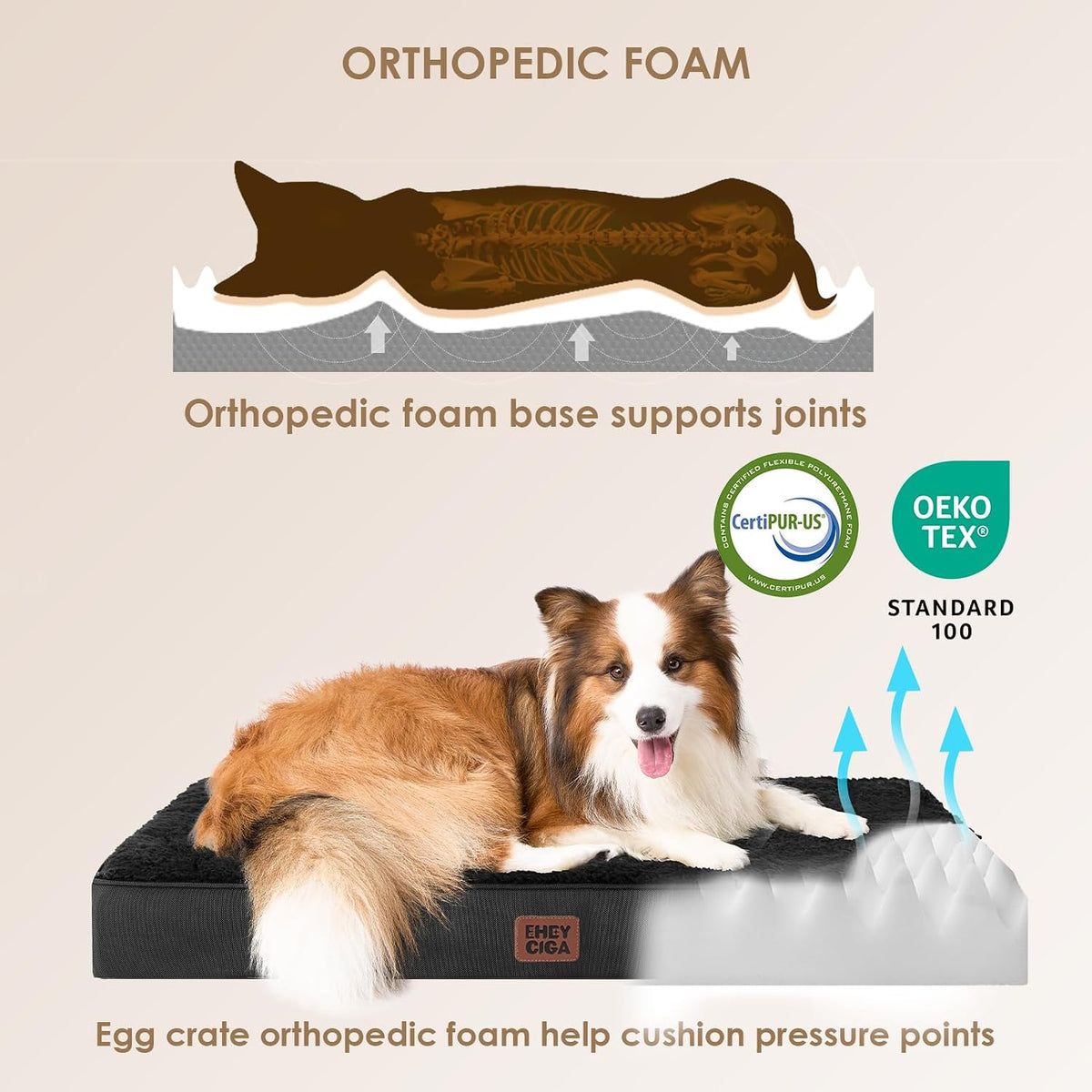 Orthopedic Dog Bed Large with Removable Washable Cover, 41IN Grey | Egg Crate Foam Support, Durable Oxford fabric, Non-Slip Bottom, Machine Washable, Soft Waterproof Plush Pet Bed Mat For Crate