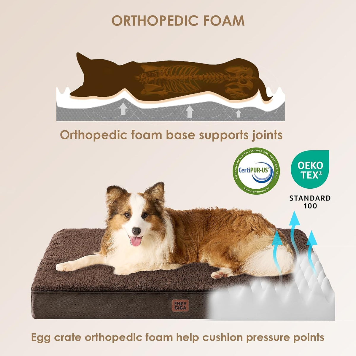 Orthopedic Dog Bed Large with Removable Washable Cover, 41IN Grey | Egg Crate Foam Support, Durable Oxford fabric, Non-Slip Bottom, Machine Washable, Soft Waterproof Plush Pet Bed Mat For Crate