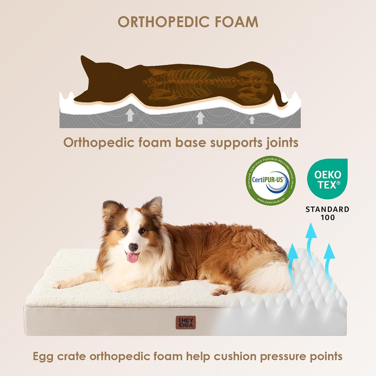 Orthopedic Dog Bed Large with Removable Washable Cover, 41IN Grey | Egg Crate Foam Support, Durable Oxford fabric, Non-Slip Bottom, Machine Washable, Soft Waterproof Plush Pet Bed Mat For Crate