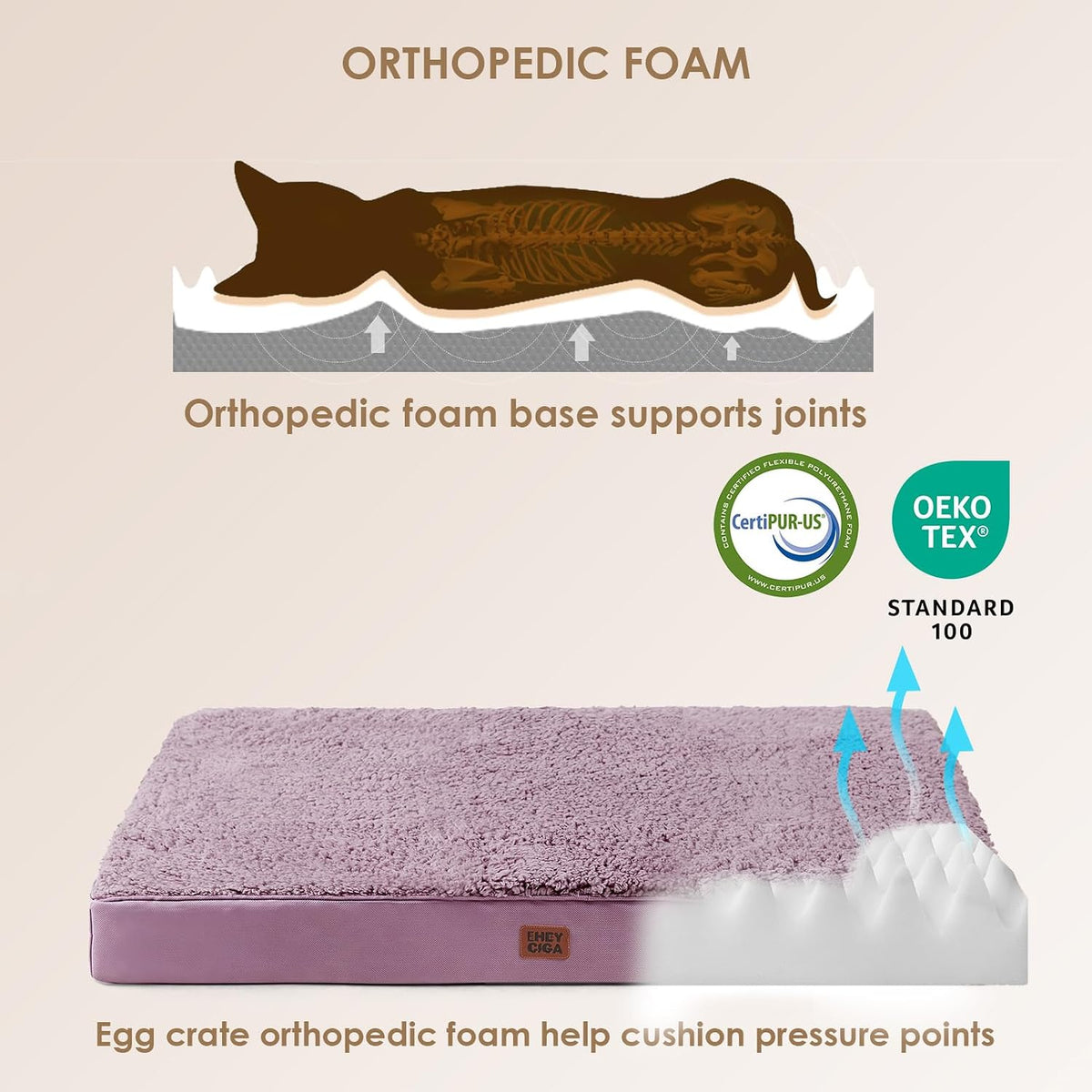 Orthopedic Dog Bed Large with Removable Washable Cover, 41IN Grey | Egg Crate Foam Support, Durable Oxford fabric, Non-Slip Bottom, Machine Washable, Soft Waterproof Plush Pet Bed Mat For Crate