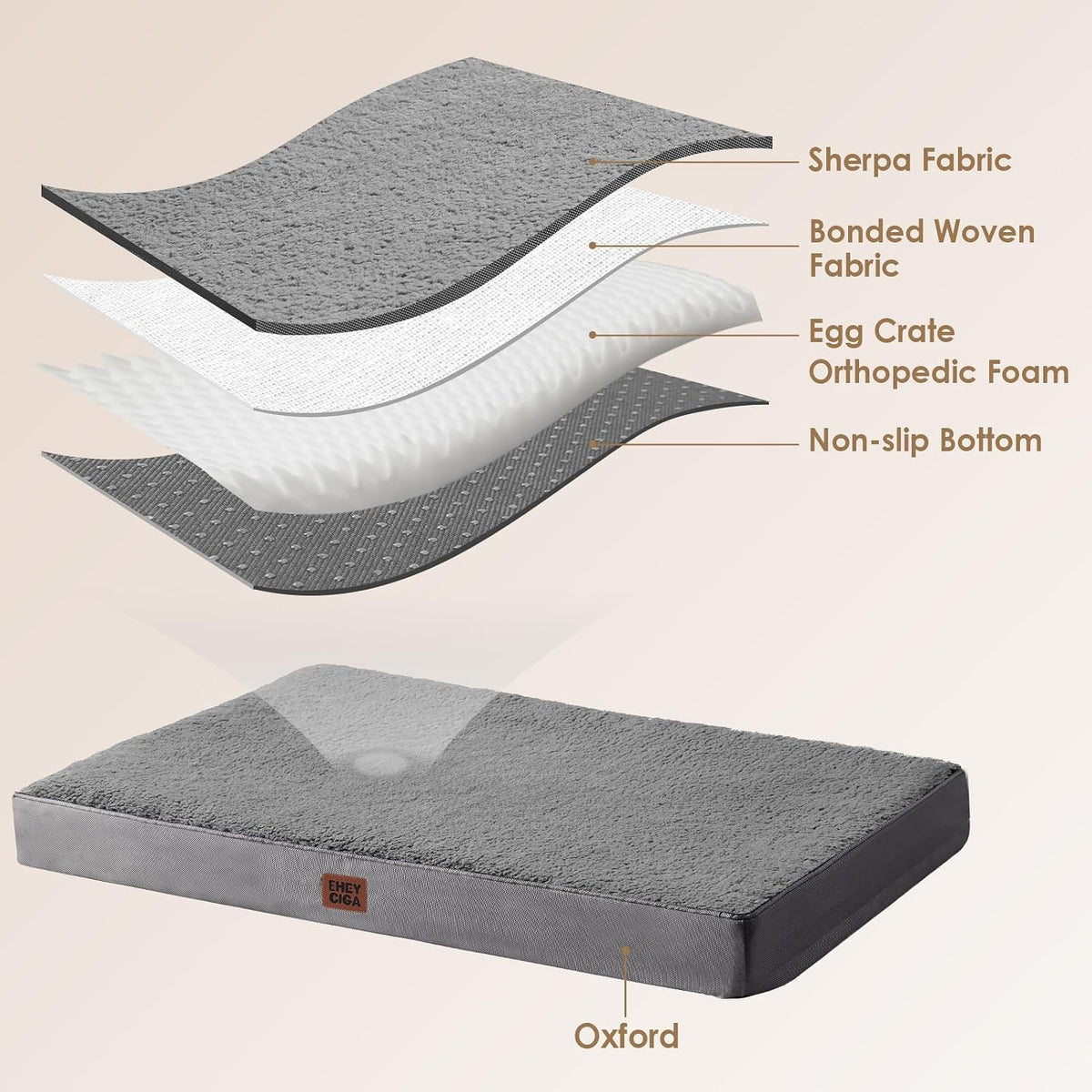 Orthopedic Dog Bed Large with Removable Washable Cover, 41IN Grey | Egg Crate Foam Support, Durable Oxford fabric, Non-Slip Bottom, Machine Washable, Soft Waterproof Plush Pet Bed Mat For Crate
