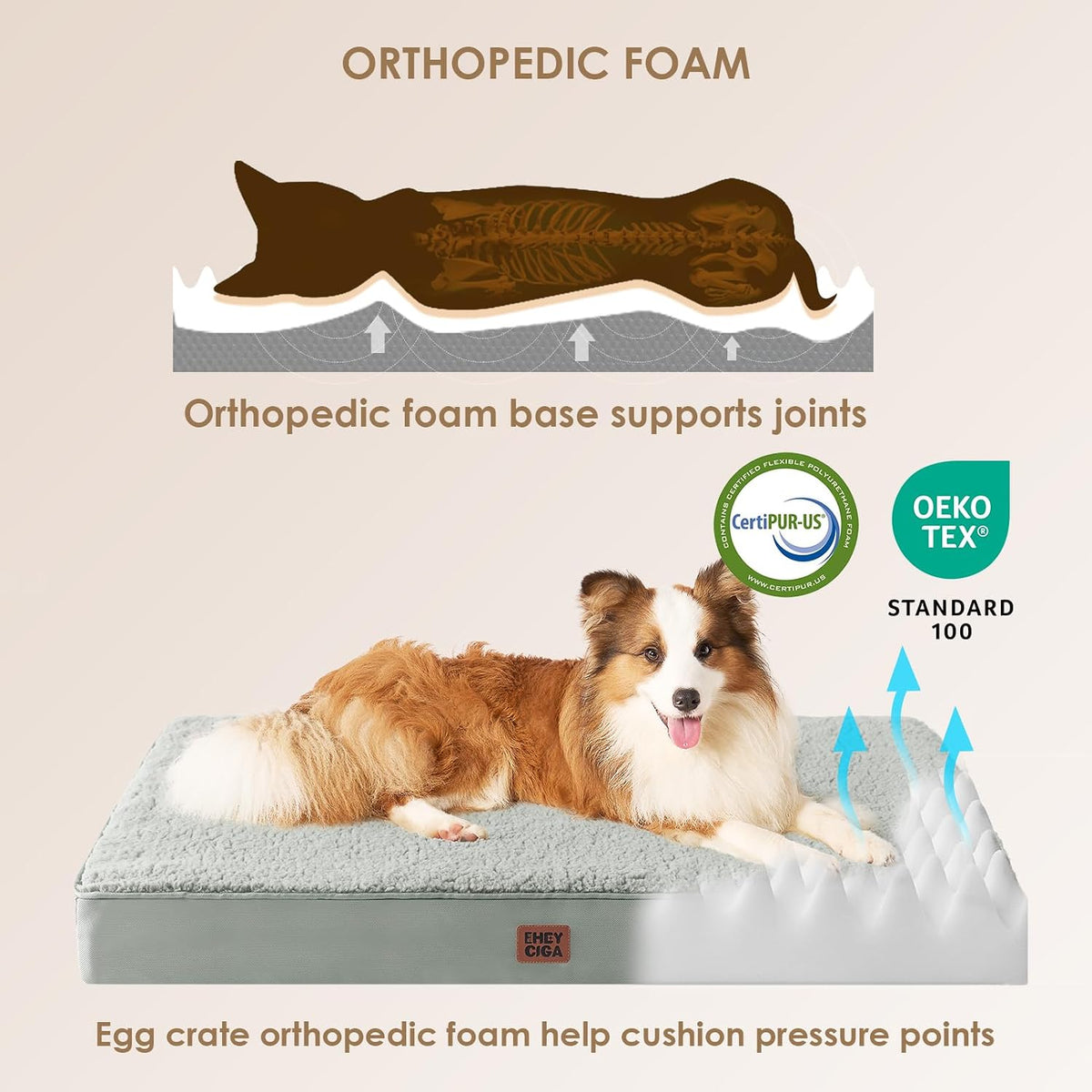 Orthopedic Dog Bed Large with Removable Washable Cover, 41IN Grey | Egg Crate Foam Support, Durable Oxford fabric, Non-Slip Bottom, Machine Washable, Soft Waterproof Plush Pet Bed Mat For Crate